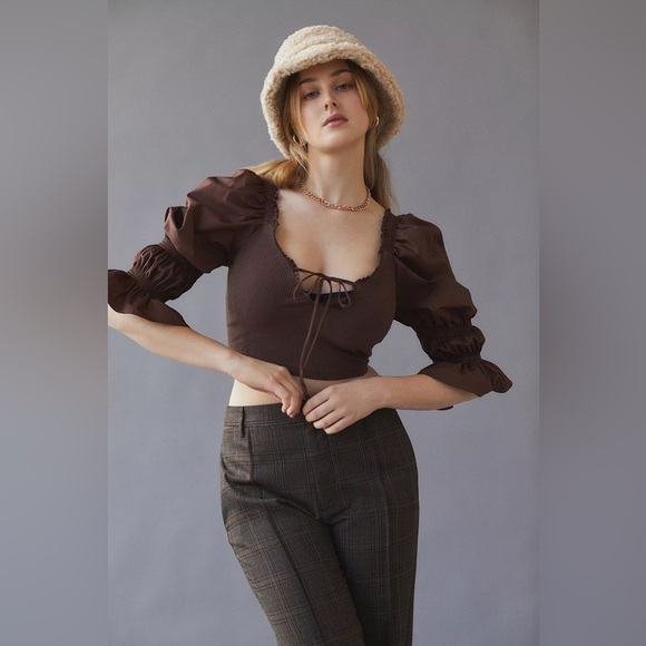 UO Rozi Cropped Blouse Elegant Brown Puff Sleeve Crop Smock Top Size XXXL NWT - Picture 1 of 10
